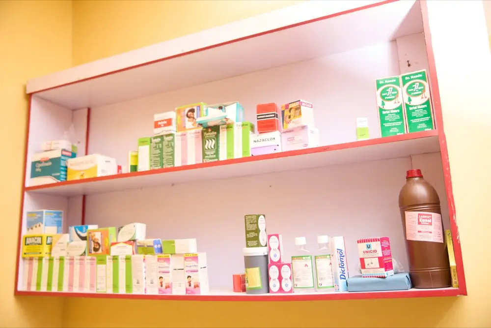 The dispensary shelves in the medical centre